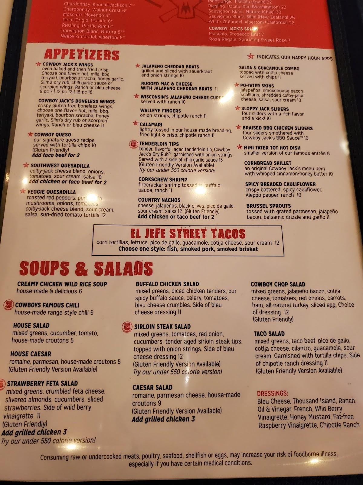 Menu at Cowboy Jacks pub & bar, Fargo