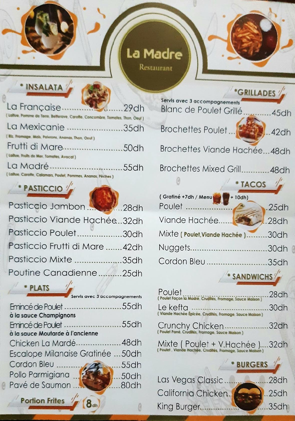 Menu at La Madré Restaurant, Casablanca