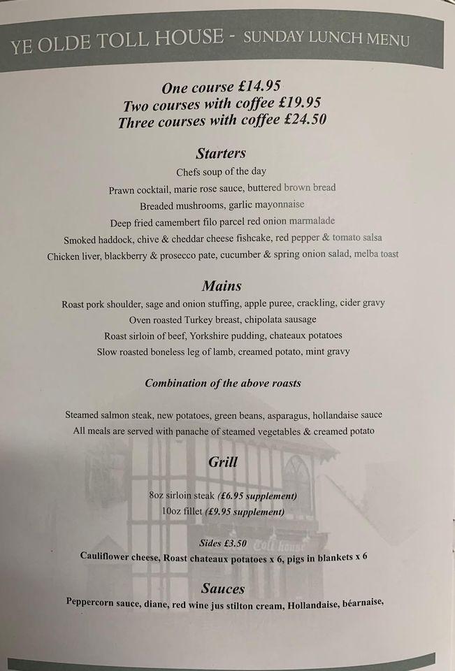 Menu at Ye Olde Toll House restaurant, Willenhall