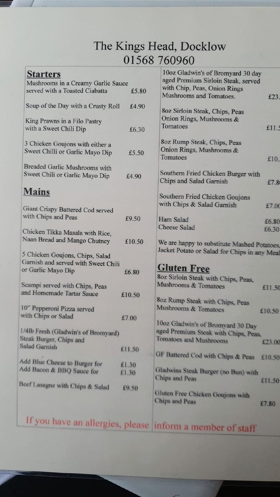 Menu at Kings Head pub & bar, Docklow