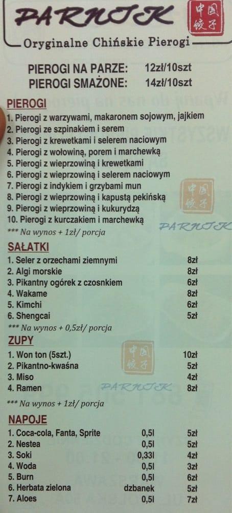Menu at Parnik restaurant, Warsaw, Wolska 50A