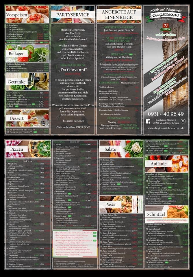 Menu at Da Giovanni pizzeria, Waldbüttelbrunn