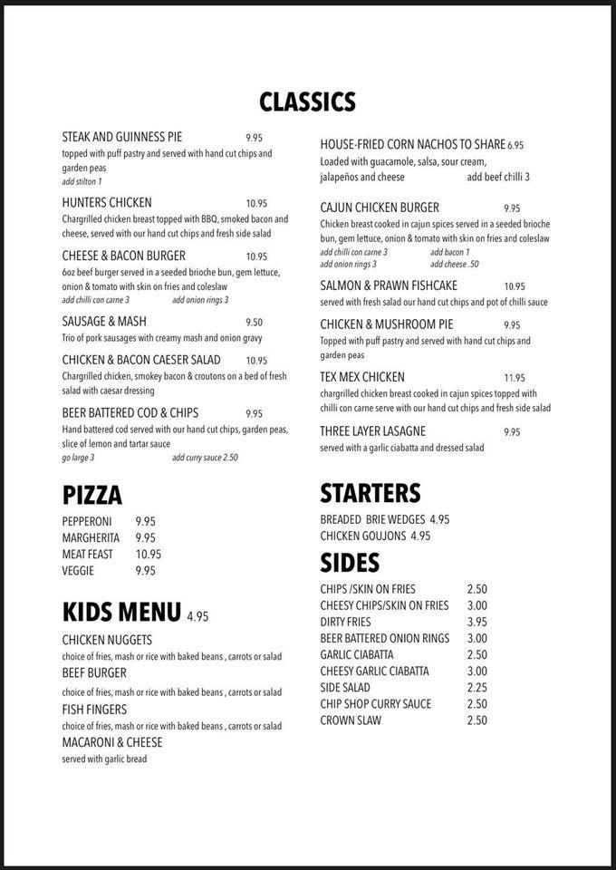 Menu at The Old Crown pub & bar, Coventry, 466 Aldermans Green Rd
