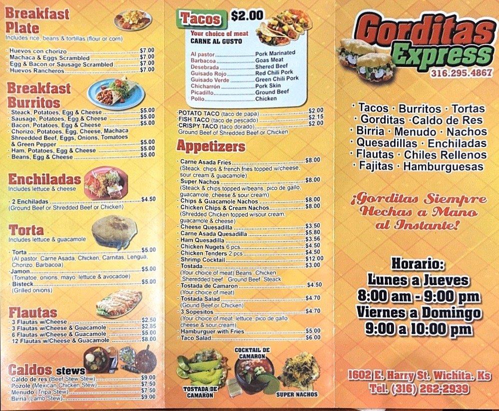 Menu at Gorditas Express restaurant, Wichita, E Harry St