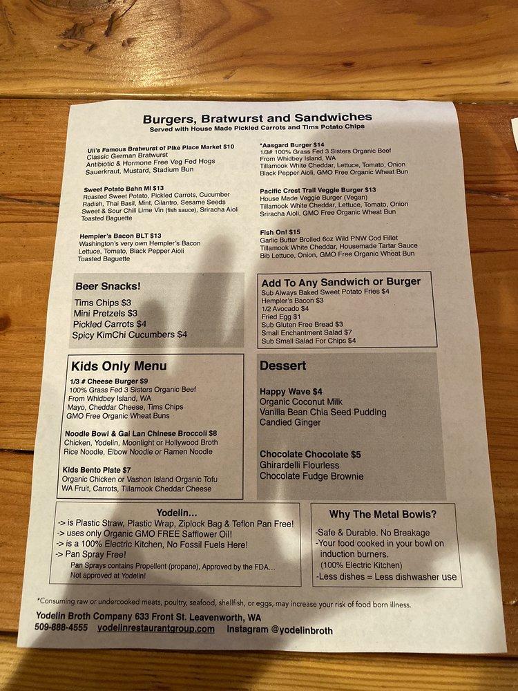 Menu at Yodelin broth company and beer garden restaurant, Leavenworth