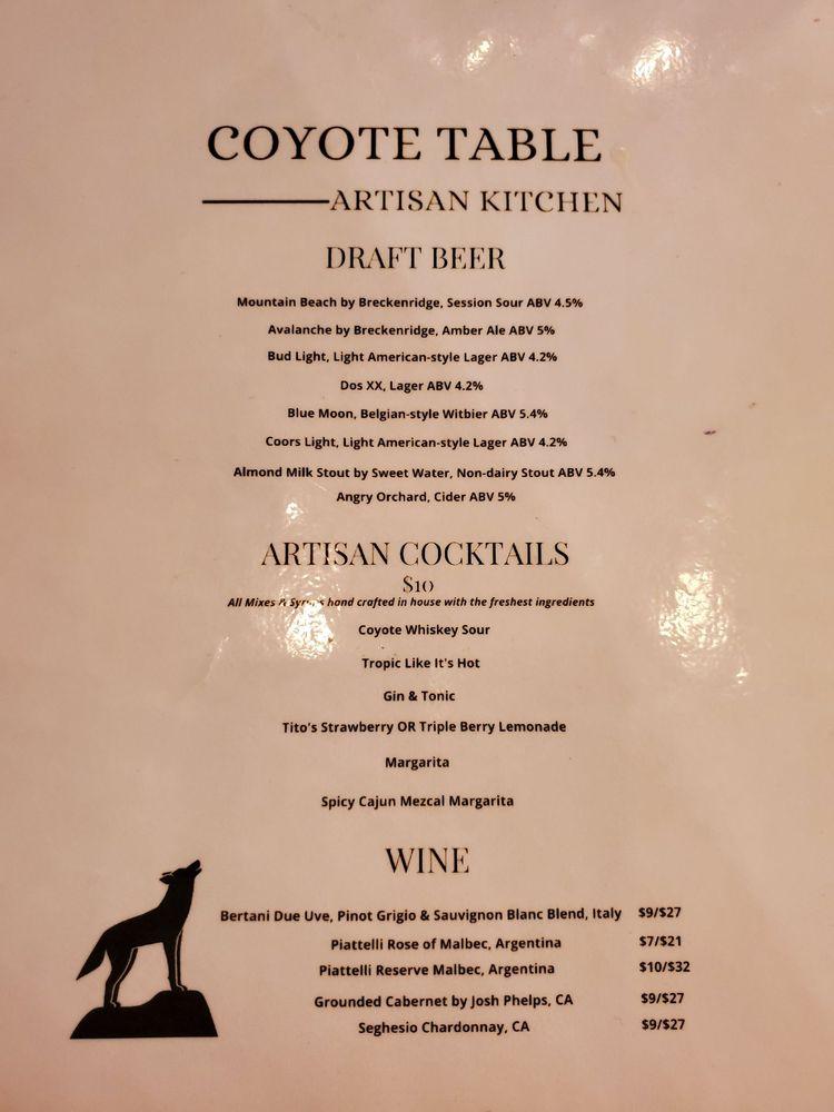 Menu at Coyote Table Artisan Kitchen & Bar, Lakewood