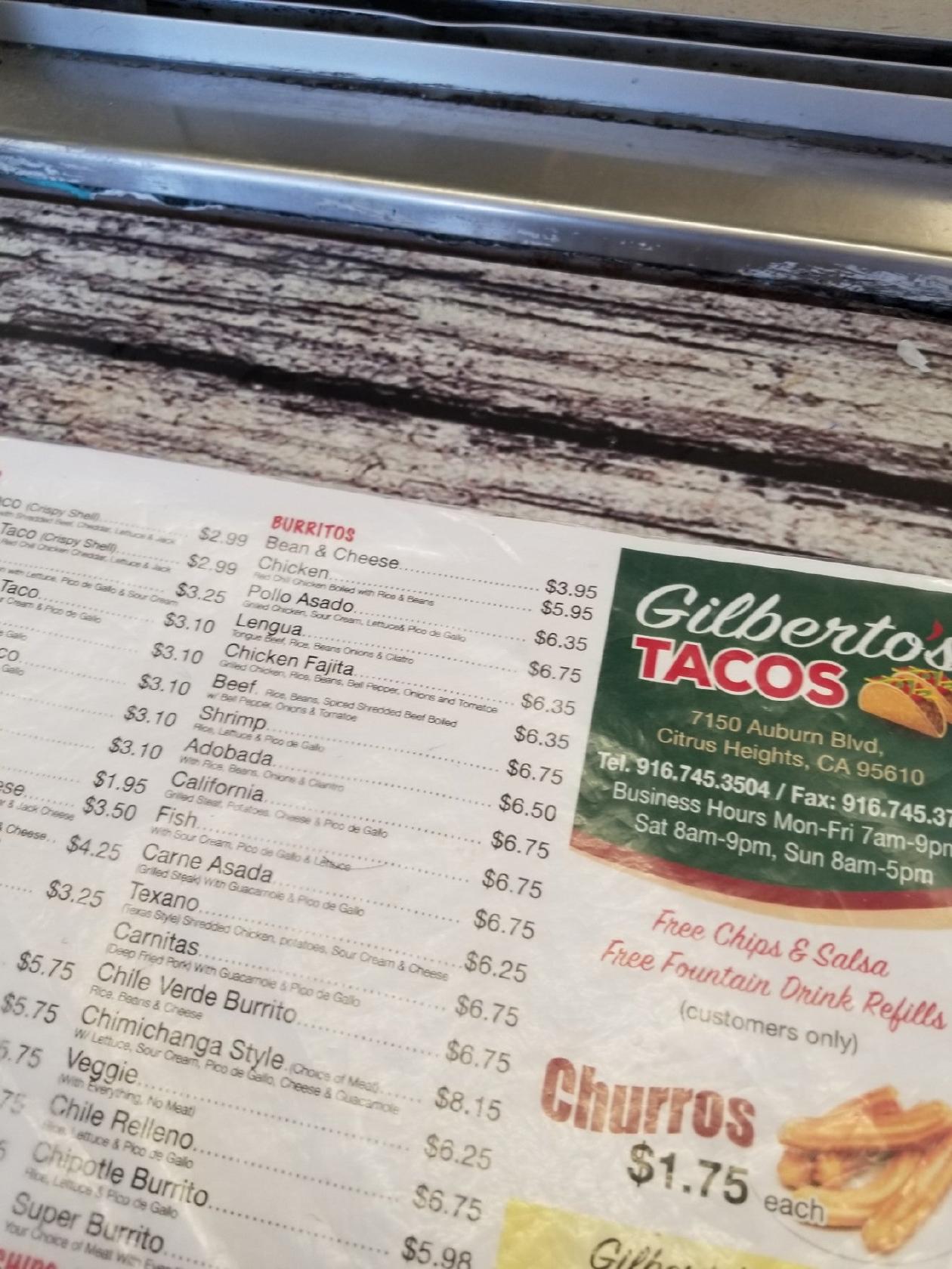 Menu at Gilberto's Tacos Mexican Restaurant, Citrus Heights