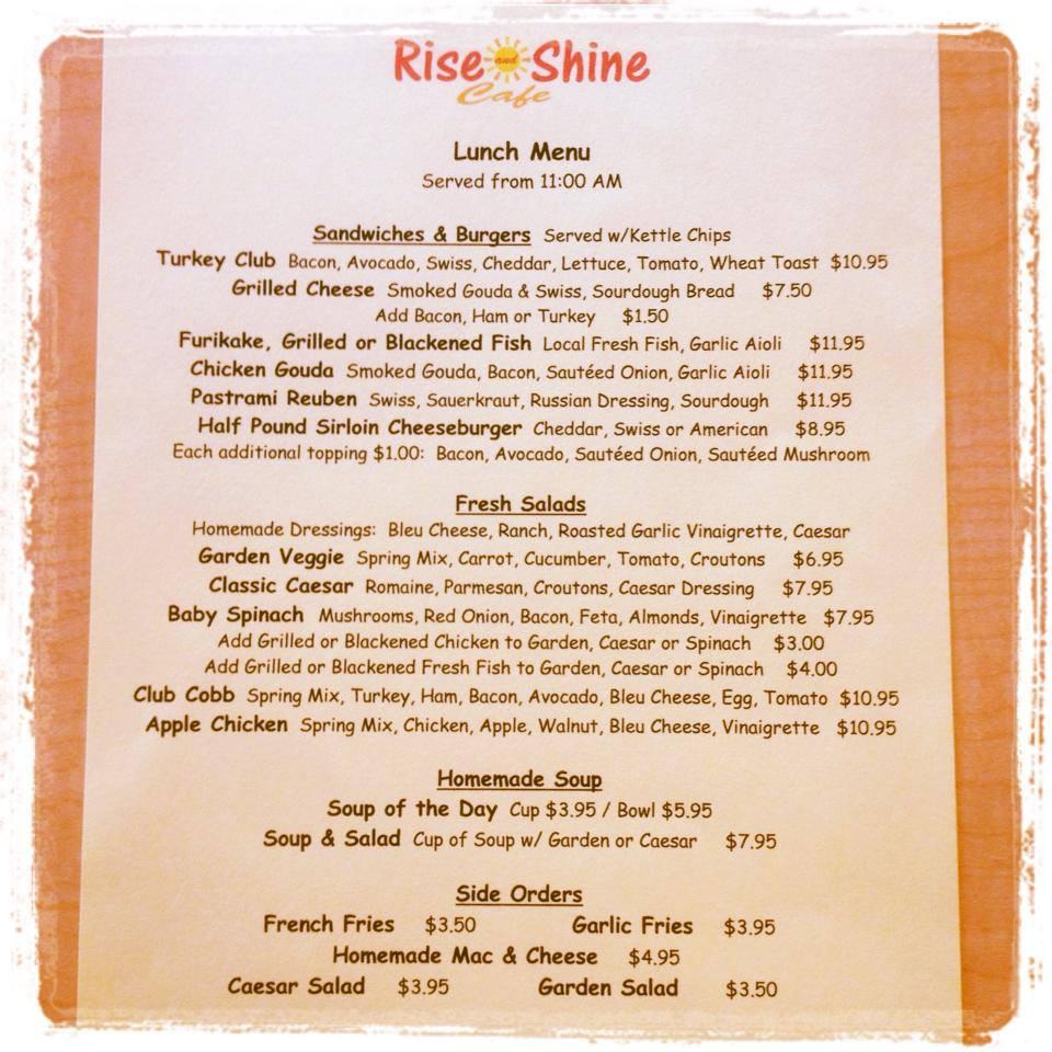 Menu at Rise and Shine Cafe, Mililani