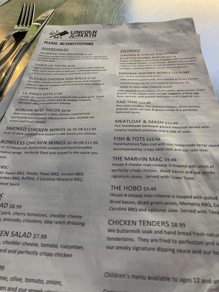 Menu at Lincoln & Main restaurant, Urbana