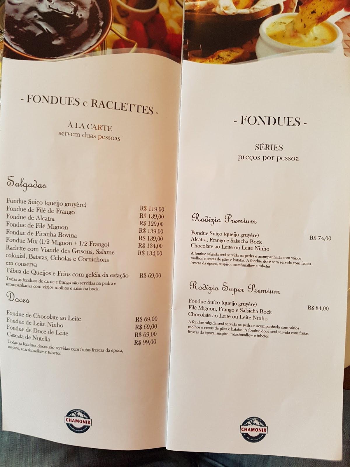 Menu em Chamonix Fondue restaurante, Bento Gonçalves, RS 444 km 18