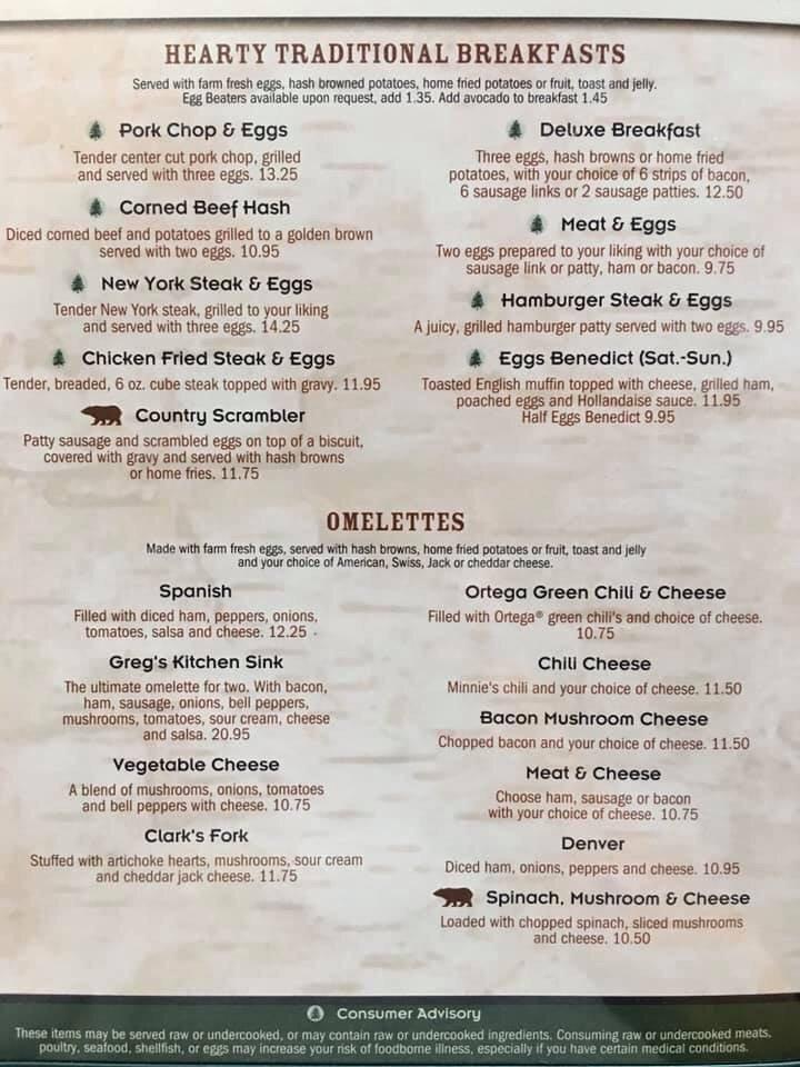 Menu at Minnie's Montana Cafe, Thompson Falls