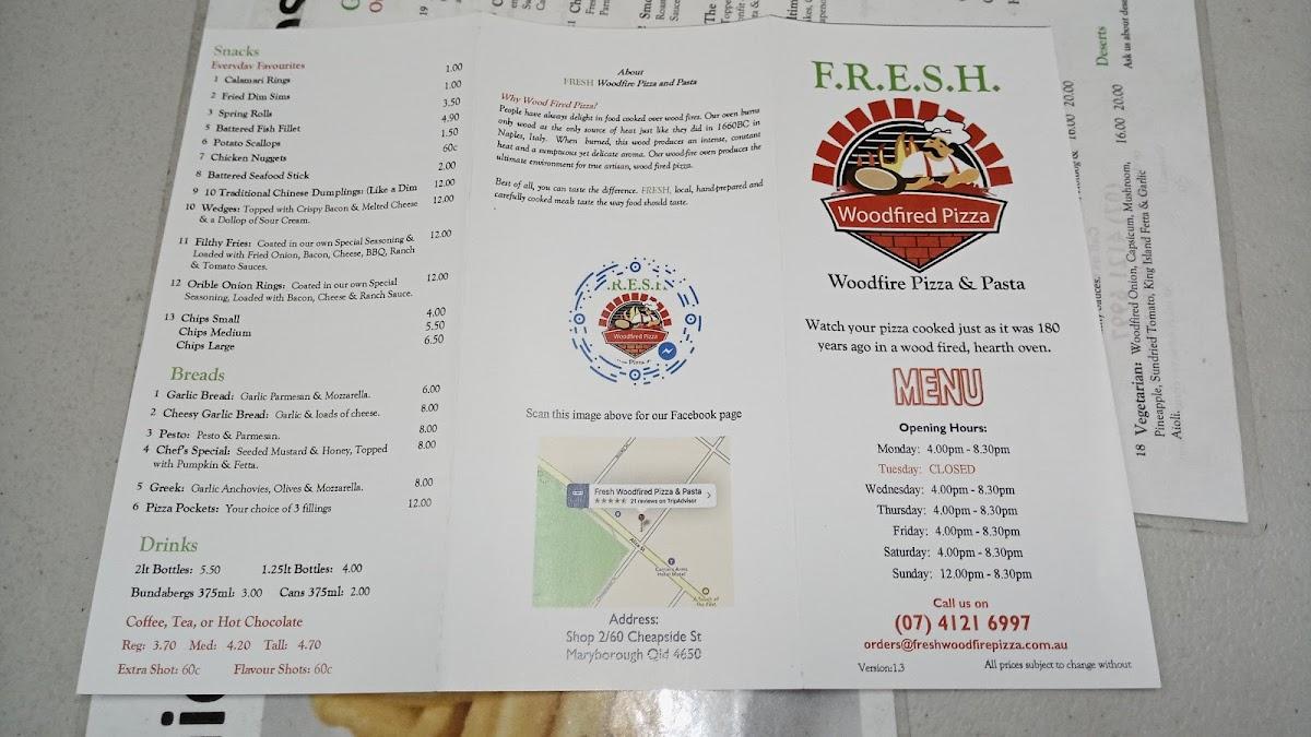Menu at Fresh Woodfire Pizza & Pasta pizzeria, Maryborough