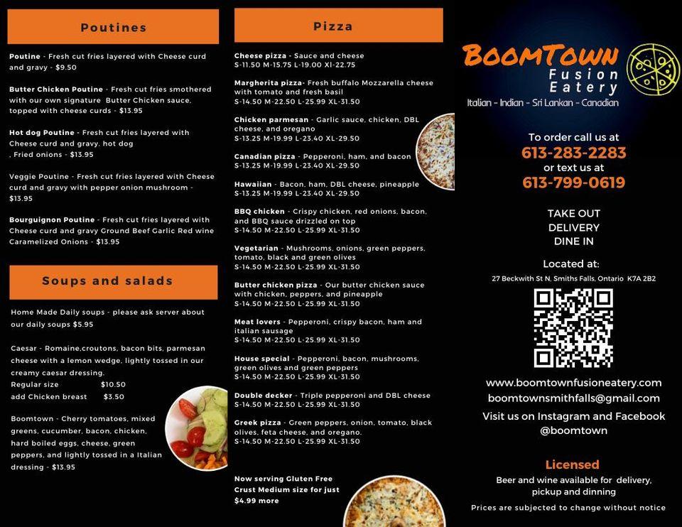 Menu at Boomtown Fusion Eatery restaurant, Smiths Falls