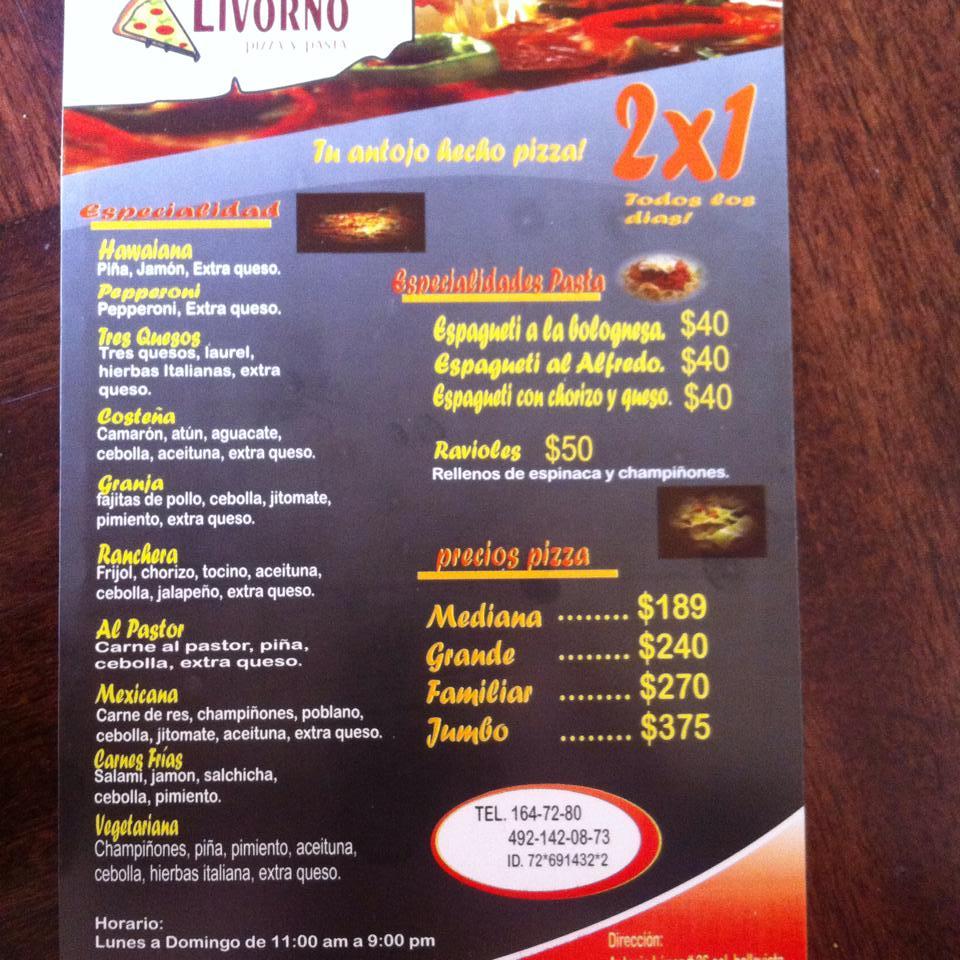 Menu at Livorno, pizza y pasta pizzeria, Guadalupe