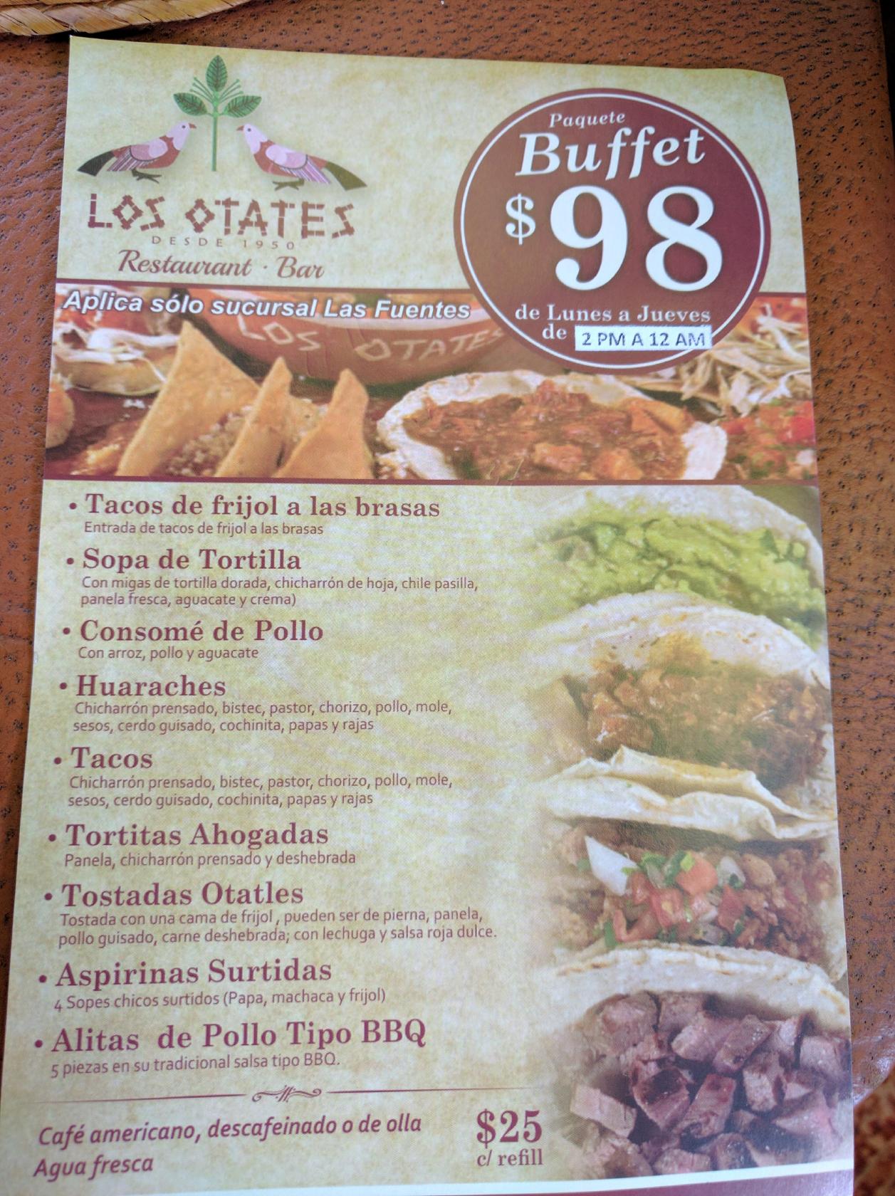 Menu at Los Otates restaurant, Zapopan, Av. Adolfo López Mateos Sur 5946