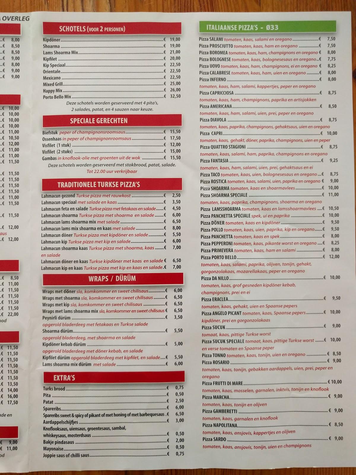Menu at Pizza Porto Bello, Delft