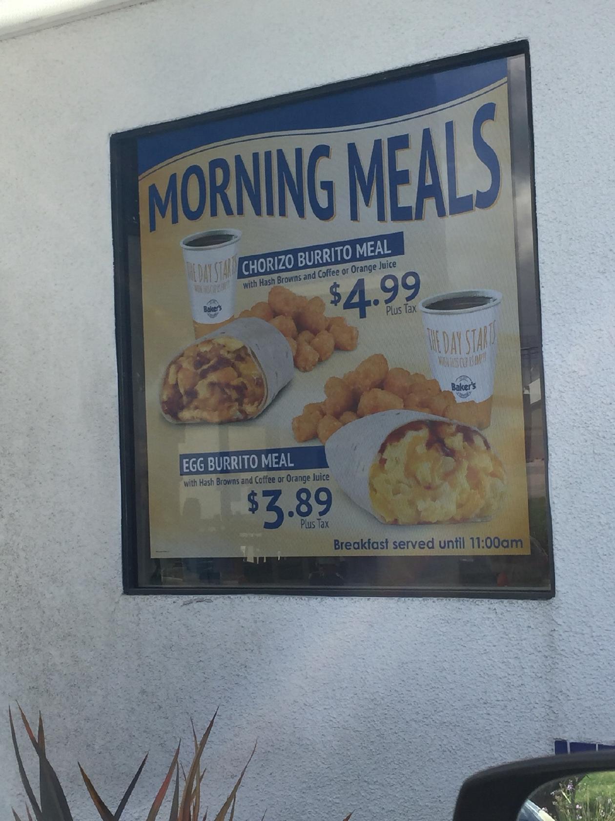 Menu at Baker's DriveThru restaurant, Yucaipa, Avenue E