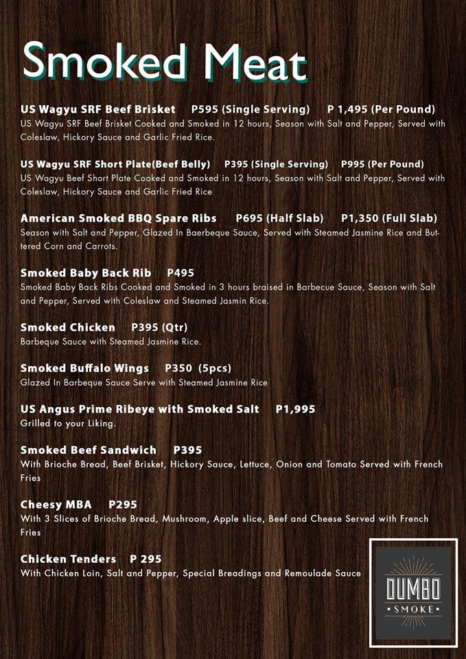 Menu at Dumbo Smoke restaurant, Philippines