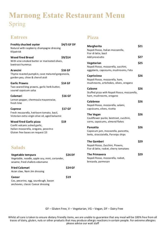 Menu At Marnong Estate Winery Restaurant Mickleham