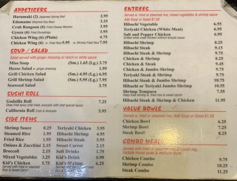 Menu at Edo Hibachi restaurant, Columbia