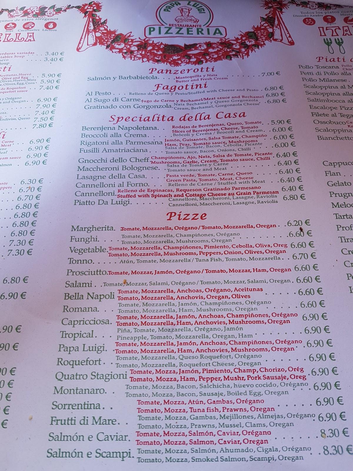 Pizzeria Papa Luigi from Fuengirola Menu