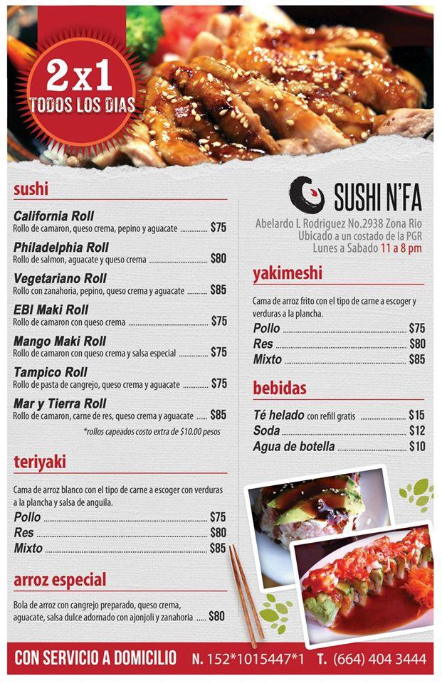 Menu at Sushi NFA restaurant, Tijuana