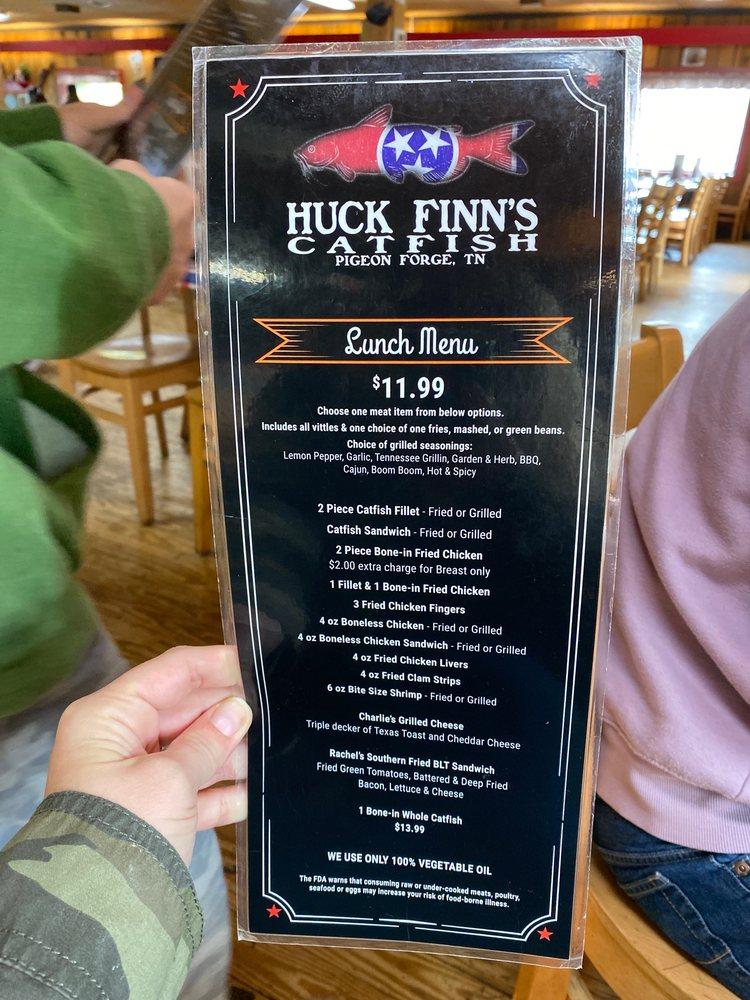 Menu at Huck Finn's Catfish restaurant, Pigeon