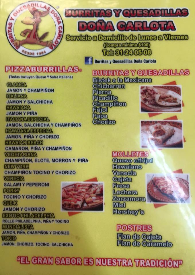 Carta del restaurante DOÑA CARLOTA BURRITAS Y QUESADILLAS, Guadalajara