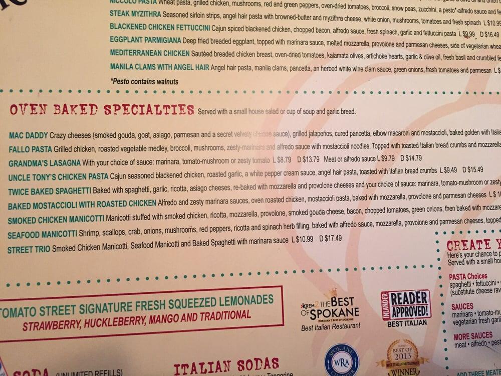 Menu at Tomato Street North Division pizzeria, Spokane, N Division St