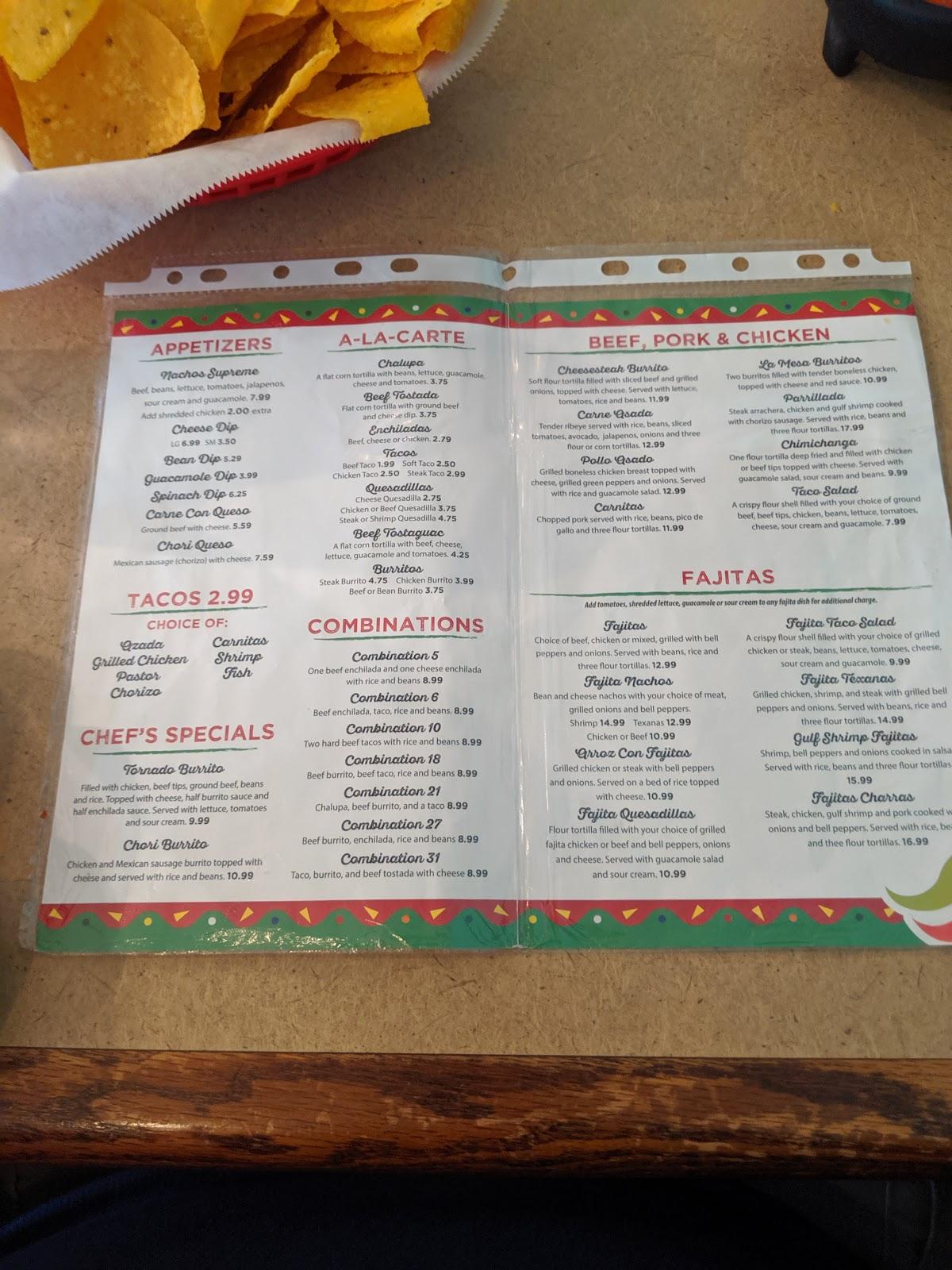 Menu at La Mesa restaurant, Gilbert