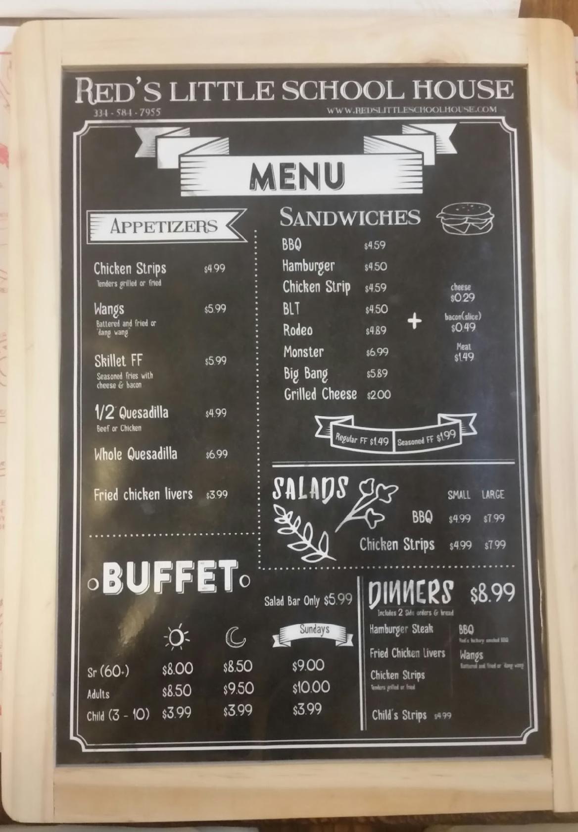 Menu at Red's Little School House restaurant, USA, 20 Gardner Rd