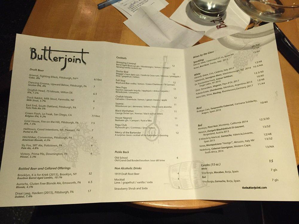 Menu at Butterjoint pub & bar, Pittsburgh