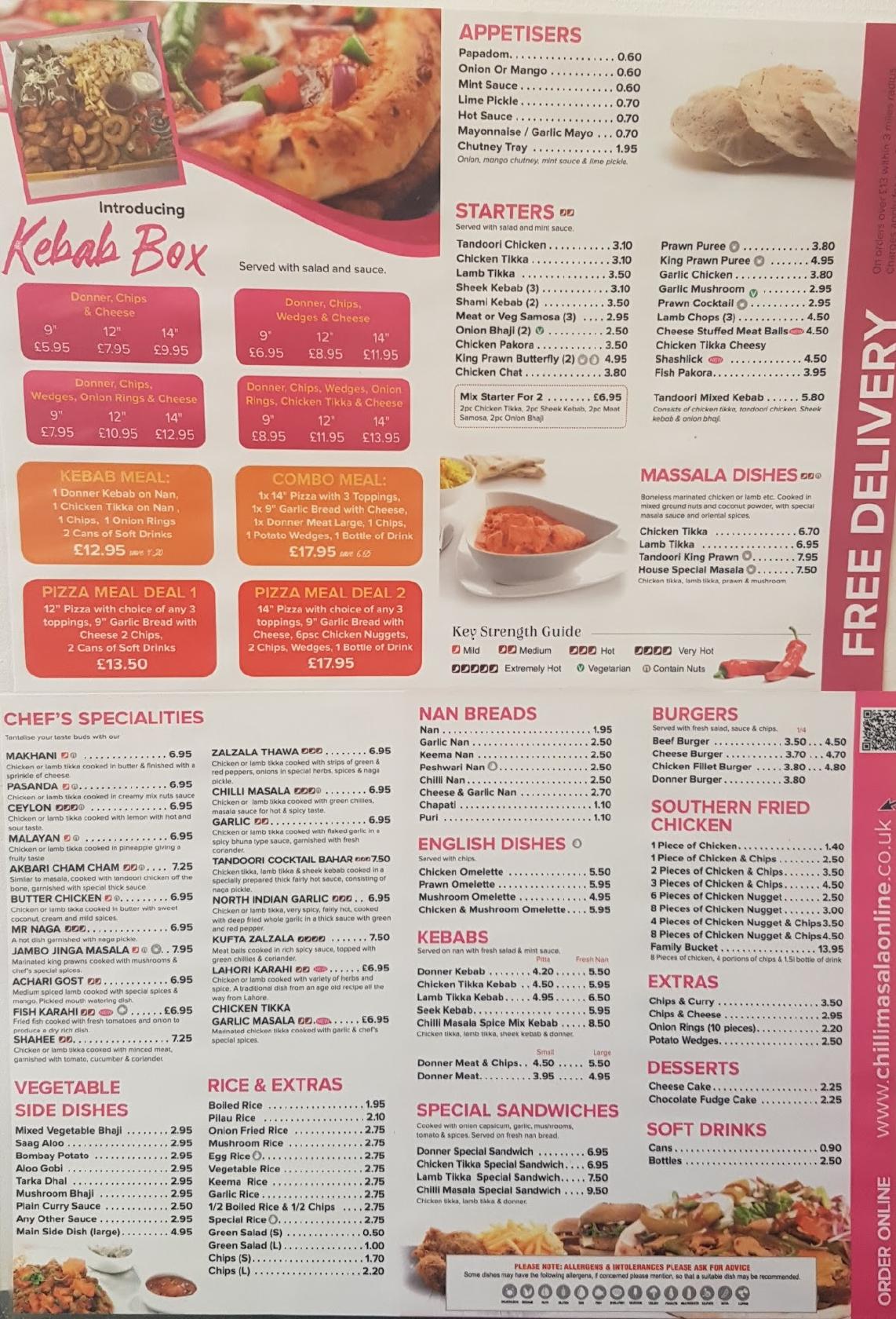 Menu at Chilli Masala restaurant, Warrington