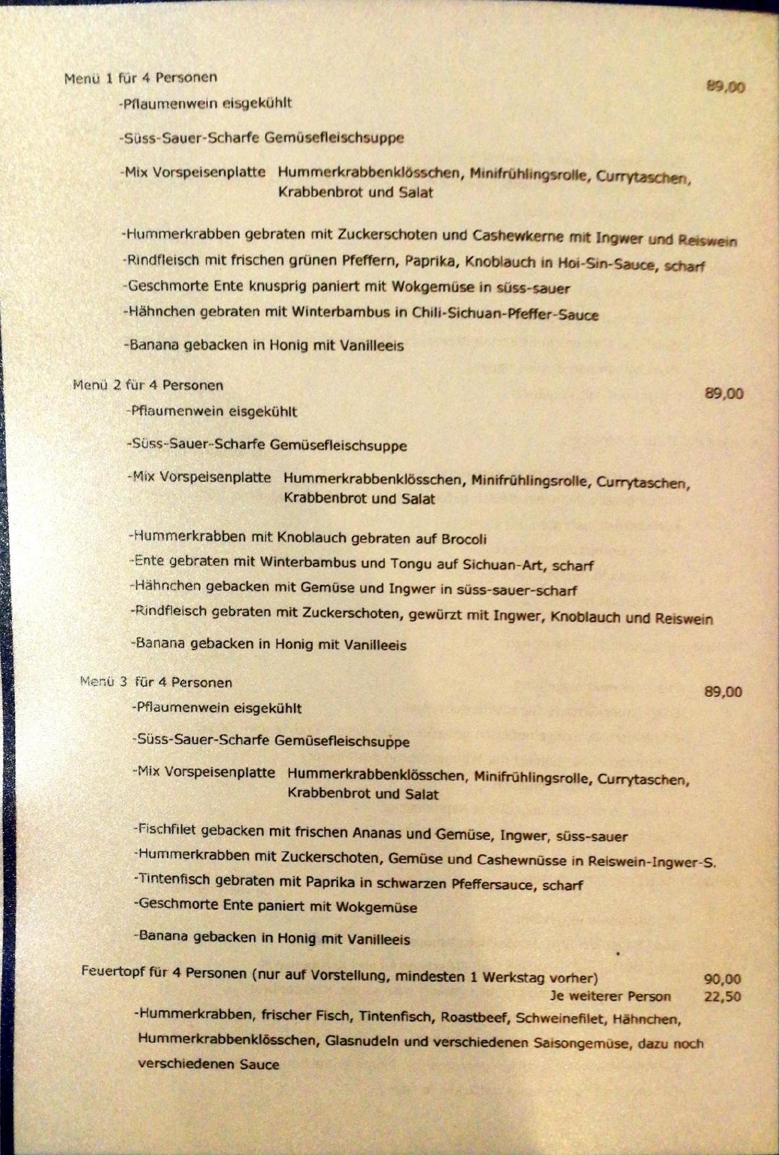 Menu at Kam Lung Restaurant, Munich