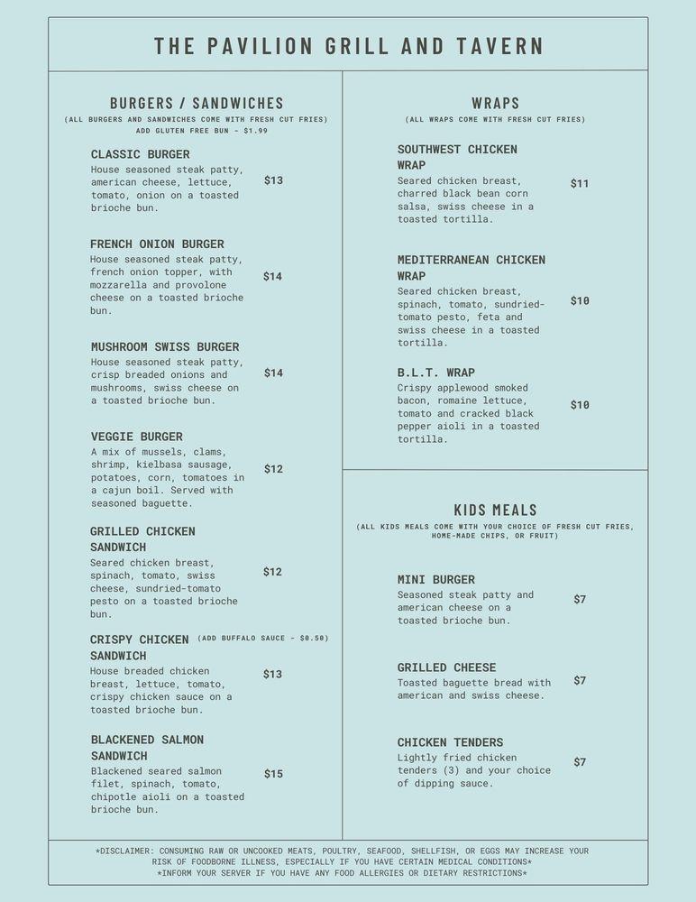 Menu at The Pavilion Grill restaurant, Vermilion