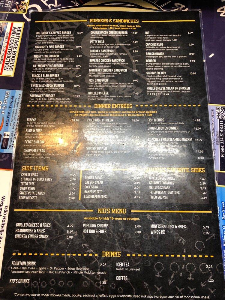 Carta de Coaches Corner Sports Bar & Grill, Wetumpka, 203 Orline St