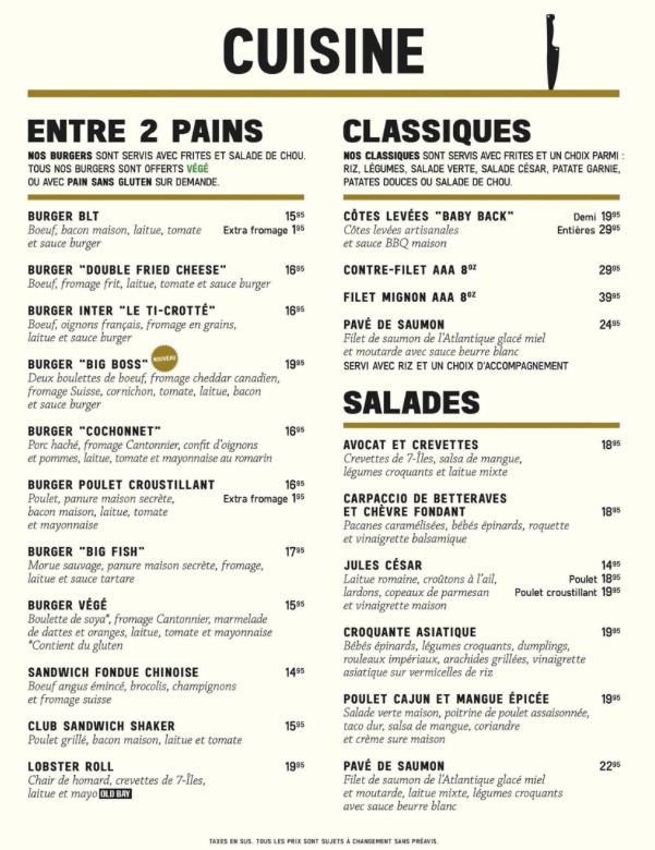 Menu au SHAKER Cuisine & Mixologie TroisRivières pub et bar, Trois