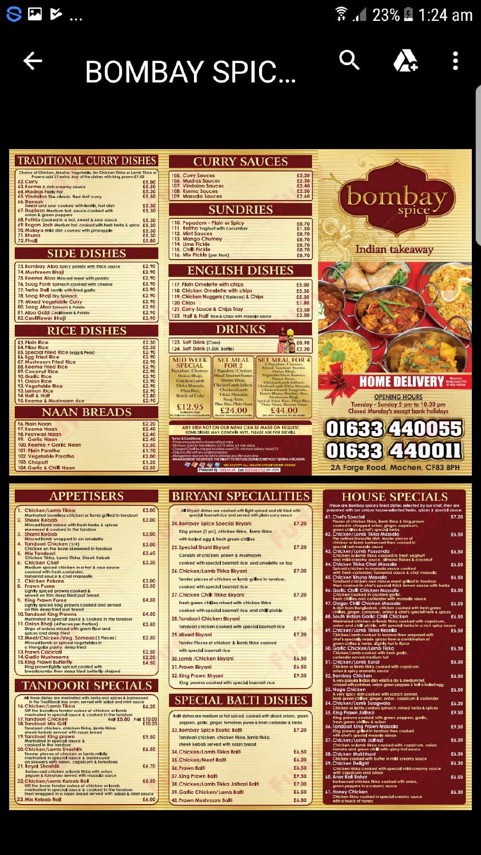 Menu at Bombay spice machen restaurant, Caerphilly, 2a Forge Rd