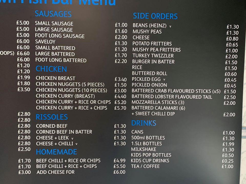 Menu at fish bar, Merthyr Tydfil