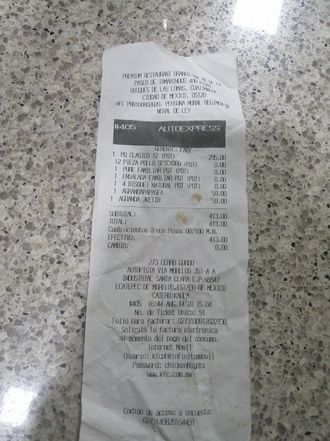Menu at KFC Cerro Gordo restaurant, Ecatepec de Morelos