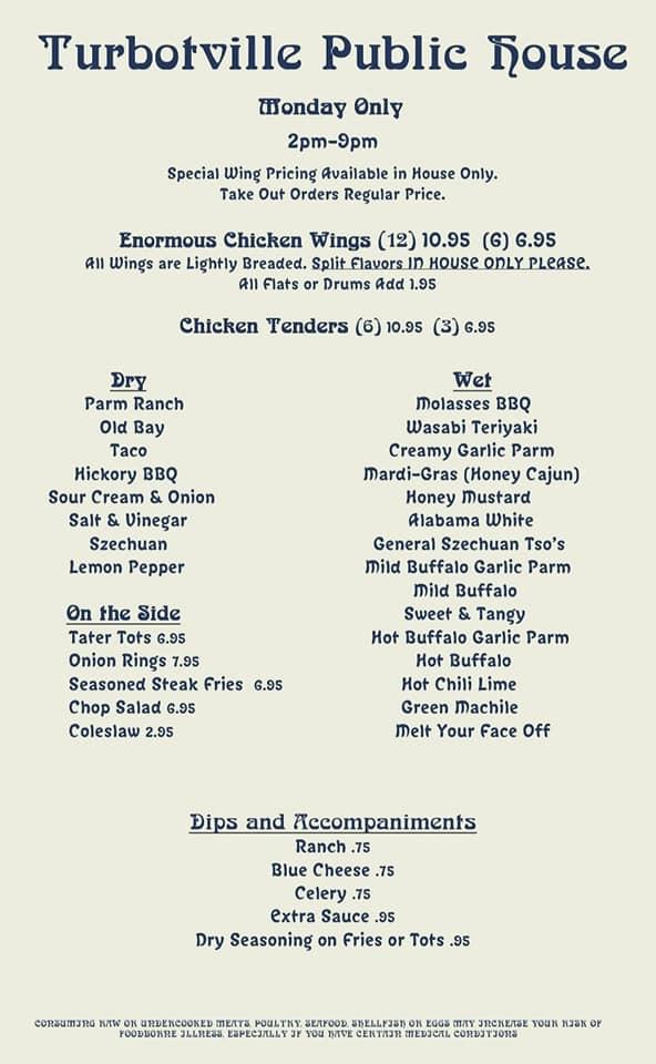 Menu at Turbotville Public House, Turbotville