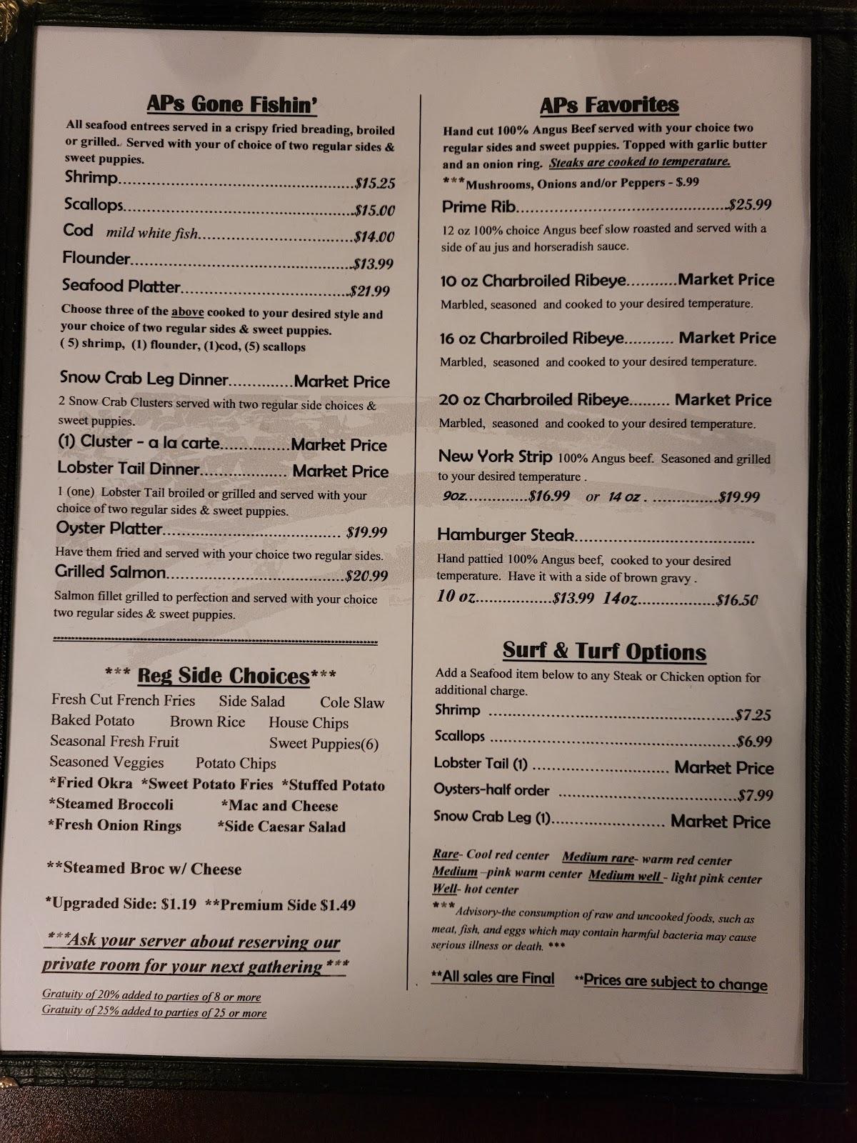 Menu at Arthur Paul's Steak and Seafood pub & bar, Orangeburg