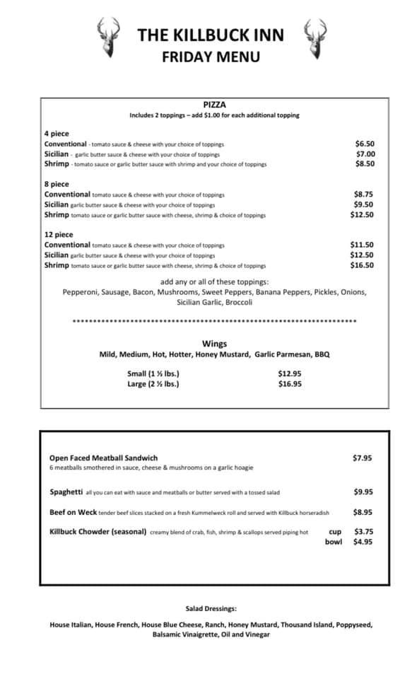 Menu at Killbuck Inn restaurant, Canisteo, NY36