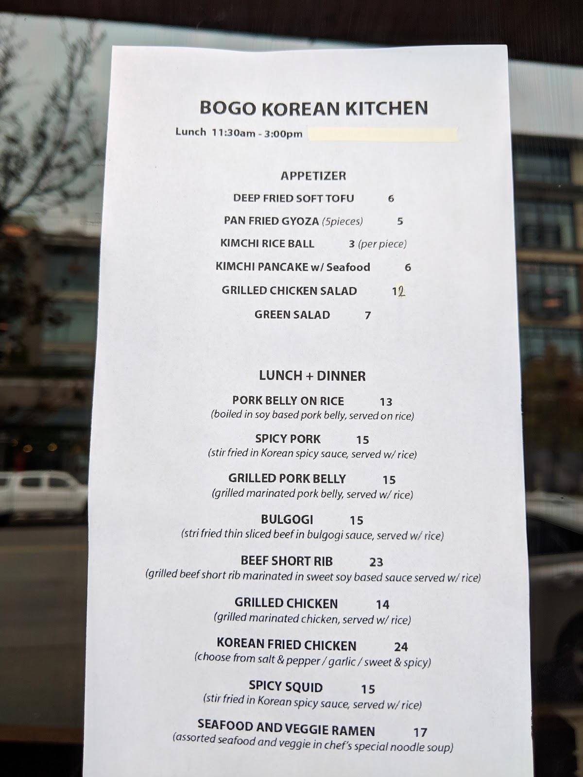 Menu au 보고 한식 일식 Bogo Korean Kitchen restaurant, Vancouver
