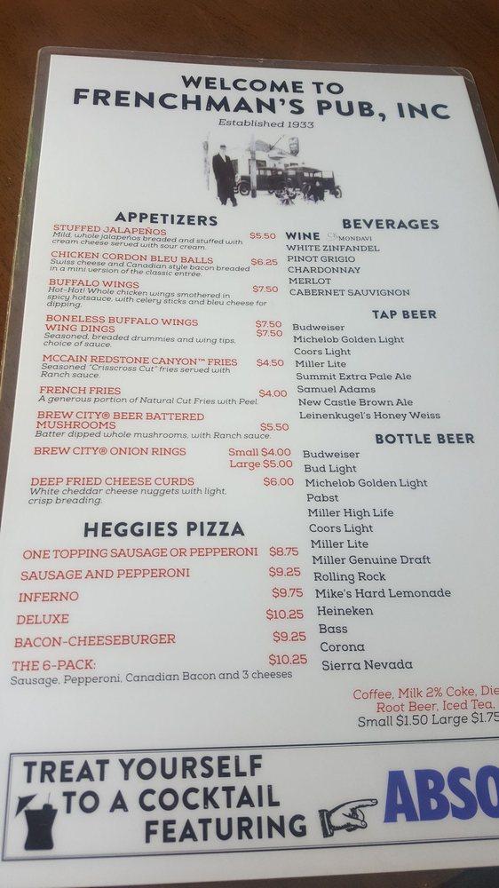 Menu at Frenchman's PubRichfield, Minneapolis