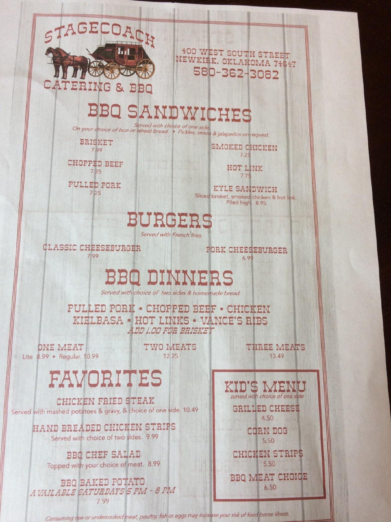 Menu at Stagecoach Catering & BBQ, Newkirk, 400 W South St