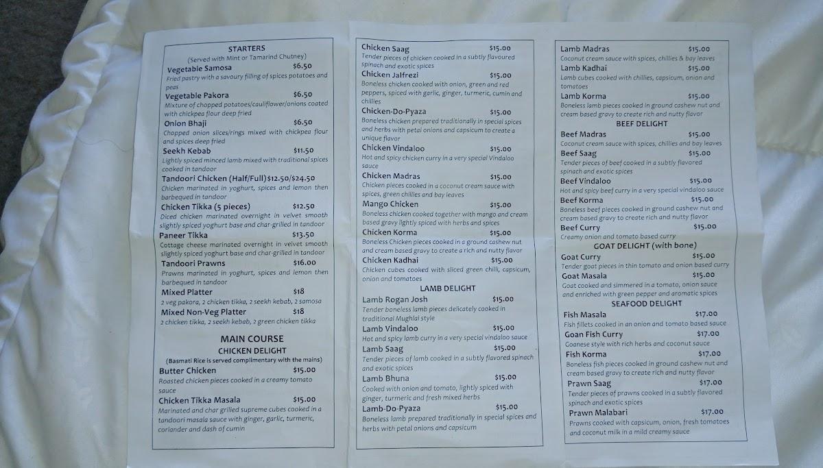 Menu at Turmeric Indian Restaurant, Whangarei