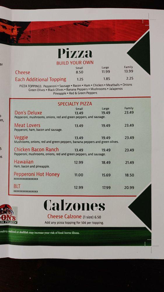 Menu at Don's Pizza Palace pizzeria, Germantown