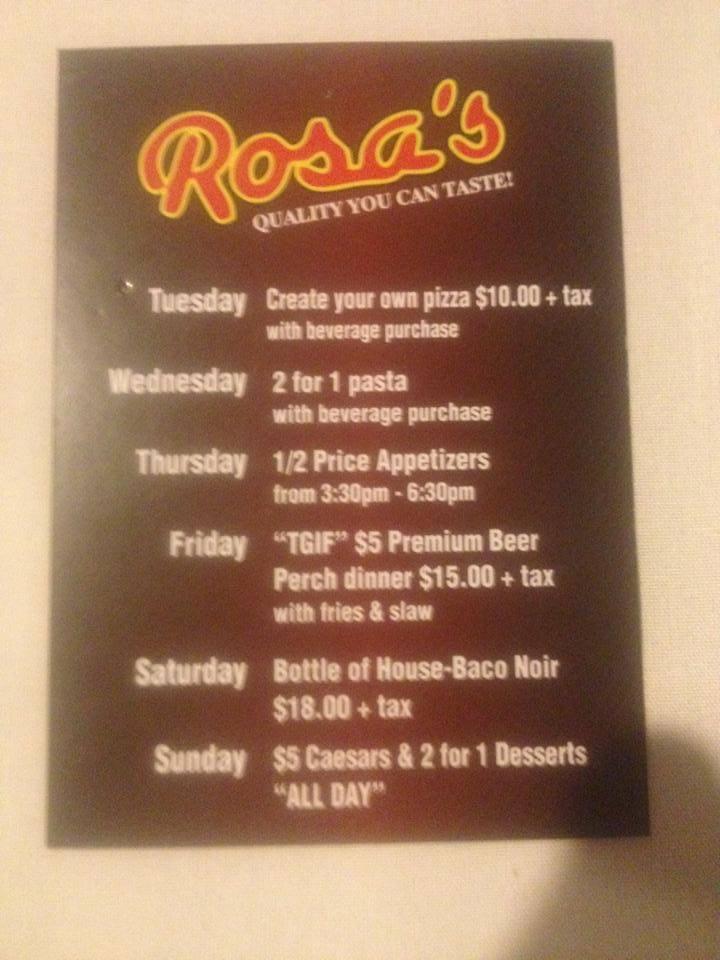 Menu at Rosa's Italian Restaurant, Amherstburg, 217 Sandwich St S