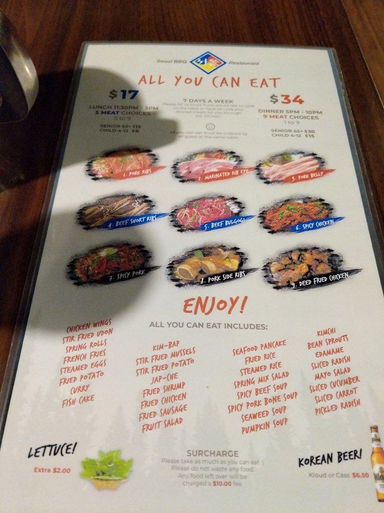 Menu at Seoul Korean BBQ, Calgary